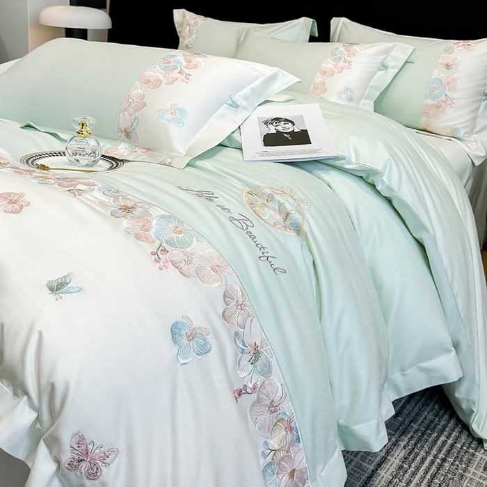 91家纺网 家纺一手货源 找家纺 欣宜家纺 2026春夏新款A类60支长绒棉刺绣四件套--蝶纷飞系列 蝶纷飞-绿