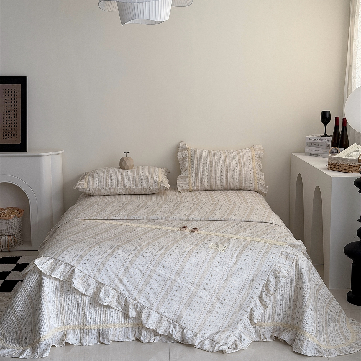 91家纺网 家纺一手货源 找家纺 佰织鑫家居 2026新款韩系花边款全棉砂洗多功能四件套夏被四件套（会员-5） 小柔花夕