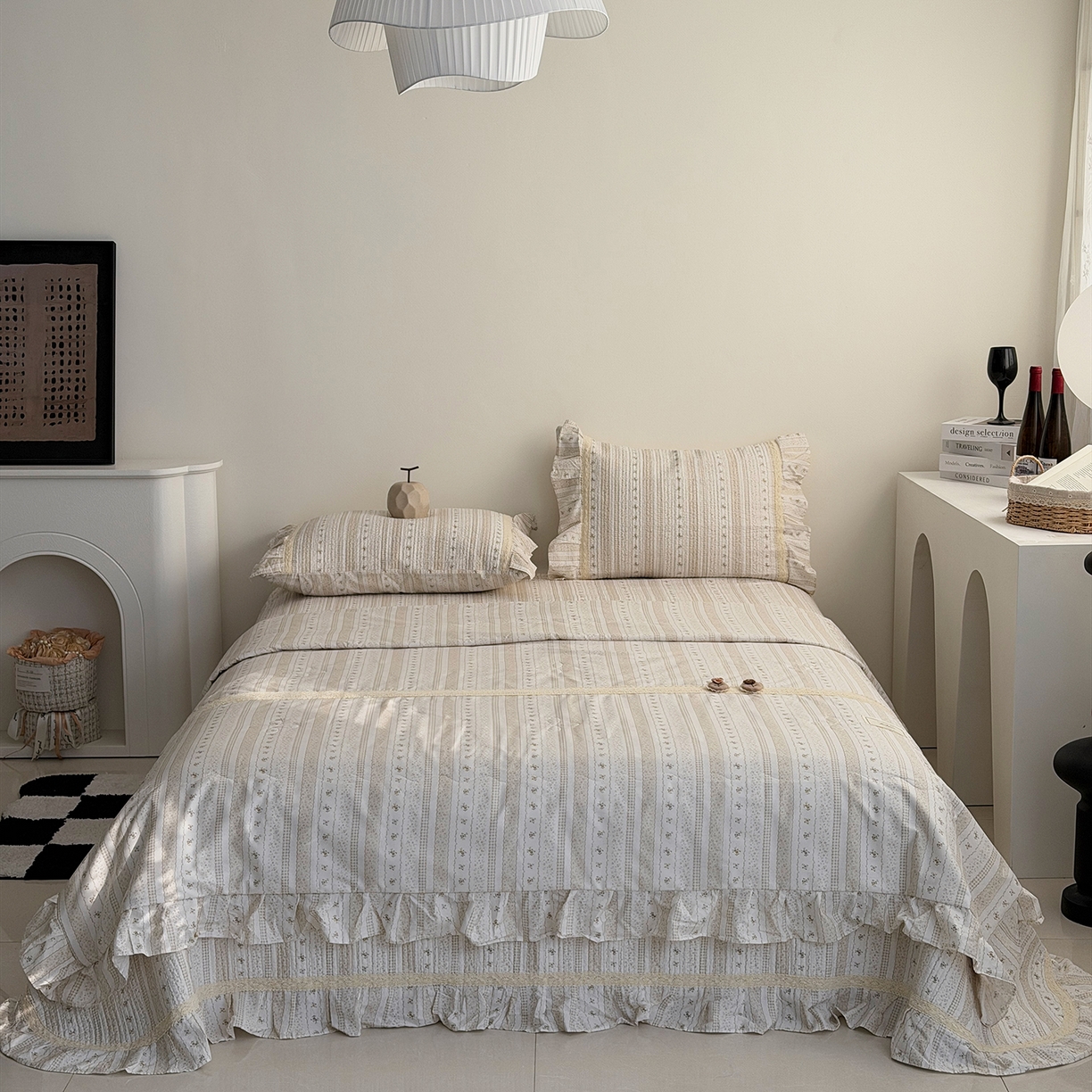 91家纺网 家纺一手货源 找家纺 佰织鑫家居 2026新款韩系花边款全棉砂洗多功能四件套夏被四件套（会员-5） 小柔花夕