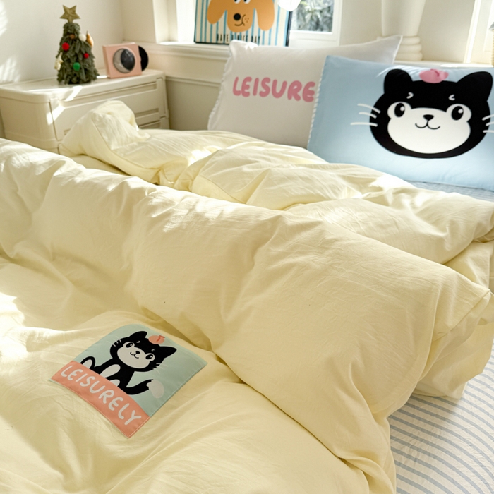 91家纺网 家纺一手货源 找家纺 温眠家纺 2025新款水洗云朵棉（高克重）数码布标四件套 吉利猫