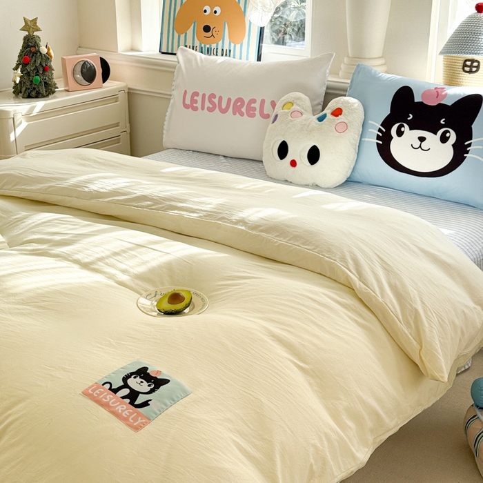 91家纺网 家纺一手货源 找家纺 温眠家纺 2025新款水洗云朵棉（高克重）数码布标四件套 吉利猫