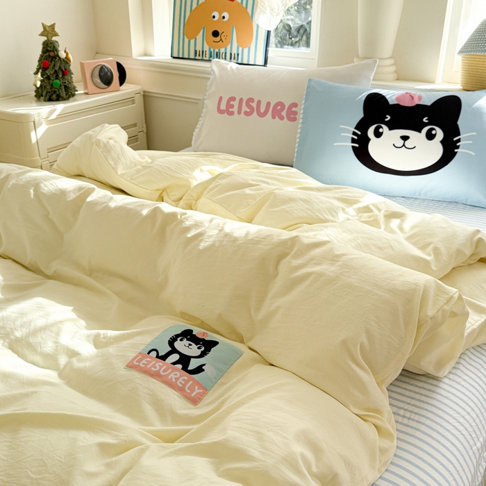 91家纺网 家纺一手货源 找家纺 温眠家纺 2025新款水洗云朵棉（高克重）数码布标四件套 吉利猫