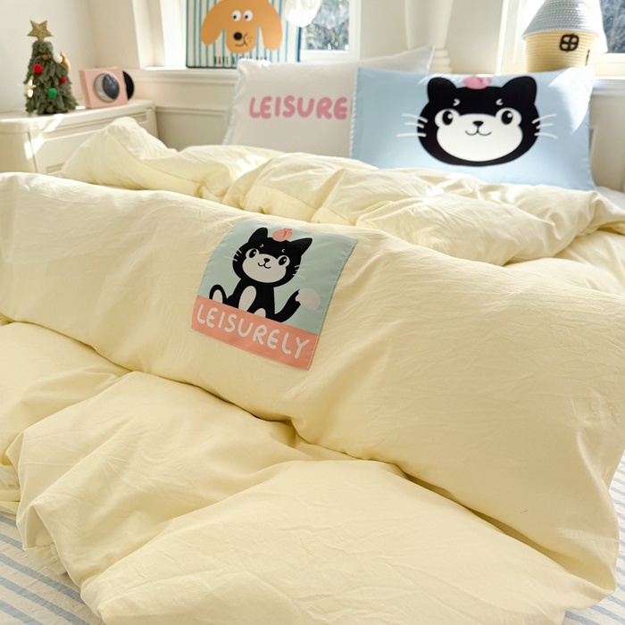 91家纺网 家纺一手货源 找家纺 温眠家纺 2025新款水洗云朵棉（高克重）数码布标四件套 吉利猫