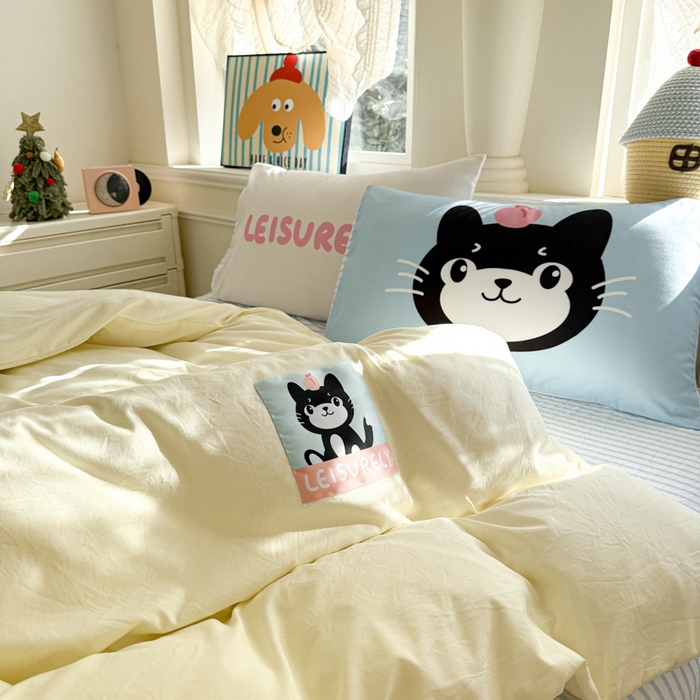 91家纺网 家纺一手货源 找家纺 温眠家纺 2025新款水洗云朵棉（高克重）数码布标四件套 吉利猫
