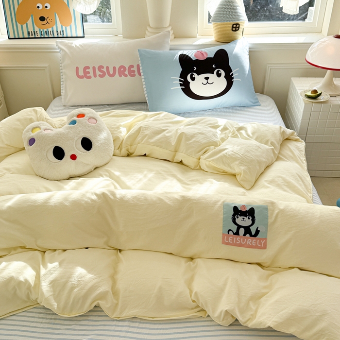 91家纺网 家纺一手货源 找家纺 温眠家纺 2025新款水洗云朵棉（高克重）数码布标四件套 吉利猫