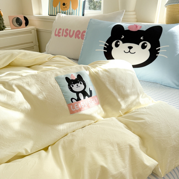 91家纺网 家纺一手货源 找家纺 温眠家纺 2025新款水洗云朵棉（高克重）数码布标四件套 吉利猫