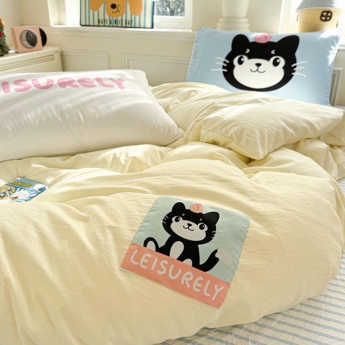 91家纺网 家纺一手货源 找家纺 温眠家纺 2025新款水洗云朵棉（高克重）数码布标四件套 吉利猫