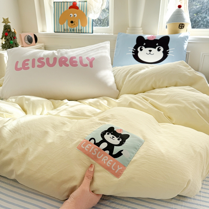 91家纺网 家纺一手货源 找家纺 温眠家纺 2025新款水洗云朵棉（高克重）数码布标四件套 吉利猫