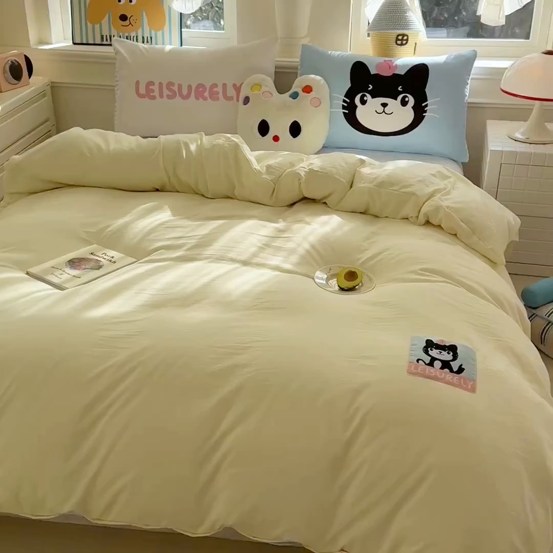 91家纺网 家纺一手货源 找家纺 温眠家纺 2025新款水洗云朵棉（高克重）数码布标四件套 吉利猫