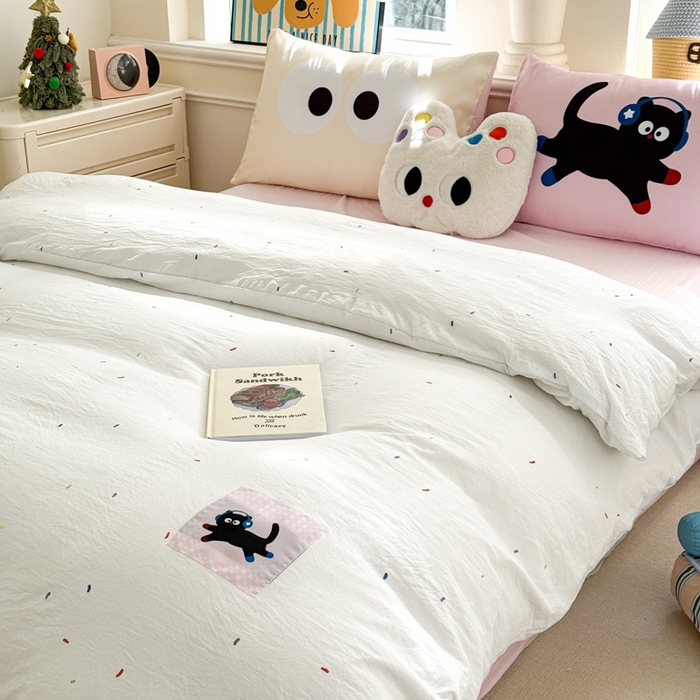 91家纺网 家纺一手货源 找家纺 温眠家纺 2025新款水洗云朵棉（高克重）数码布标四件套 摇滚猫