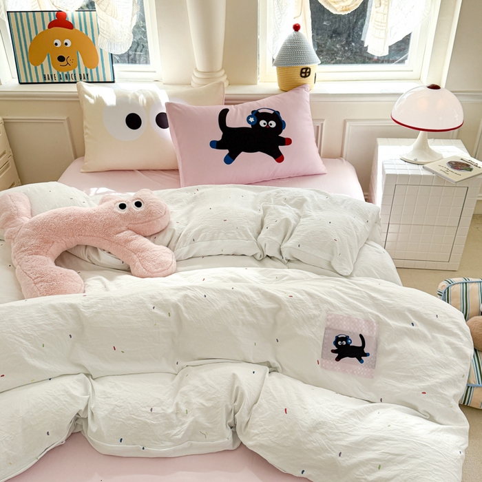 91家纺网 家纺一手货源 找家纺 温眠家纺 2025新款水洗云朵棉（高克重）数码布标四件套 摇滚猫