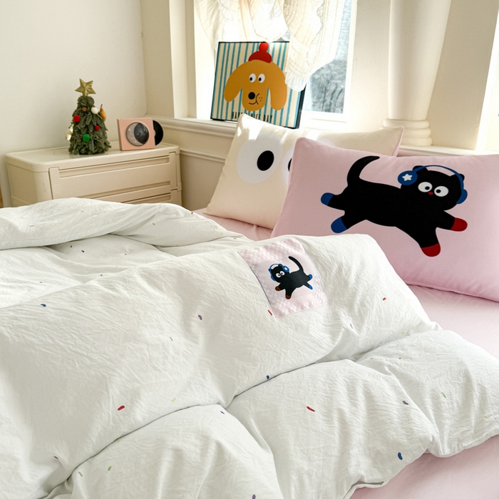 91家纺网 家纺一手货源 找家纺 温眠家纺 2025新款水洗云朵棉（高克重）数码布标四件套 摇滚猫