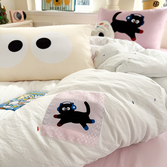 91家纺网 家纺一手货源 找家纺 温眠家纺 2025新款水洗云朵棉（高克重）数码布标四件套 摇滚猫