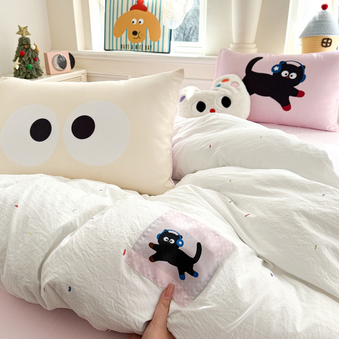 91家纺网 家纺一手货源 找家纺 温眠家纺 2025新款水洗云朵棉（高克重）数码布标四件套 摇滚猫