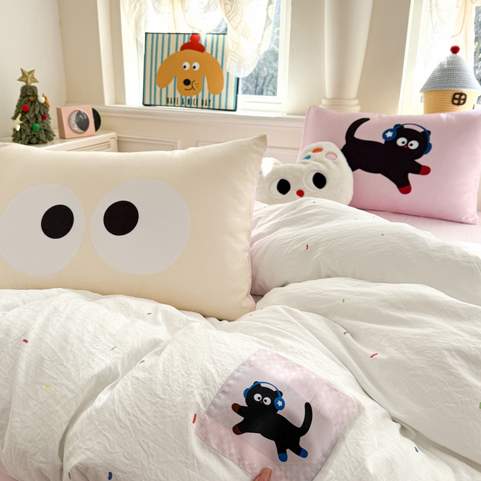 91家纺网 家纺一手货源 找家纺 温眠家纺 2025新款水洗云朵棉（高克重）数码布标四件套 摇滚猫