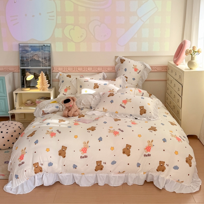 91家纺网 家纺一手货源 找家纺 温眠家纺 2025新款水洗云朵棉韩式INS减龄花边款四件套 巴萨熊