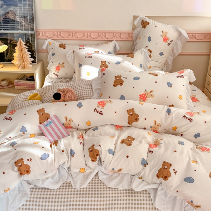 91家纺网 家纺一手货源 找家纺 温眠家纺 2025新款水洗云朵棉韩式INS减龄花边款四件套 巴萨熊