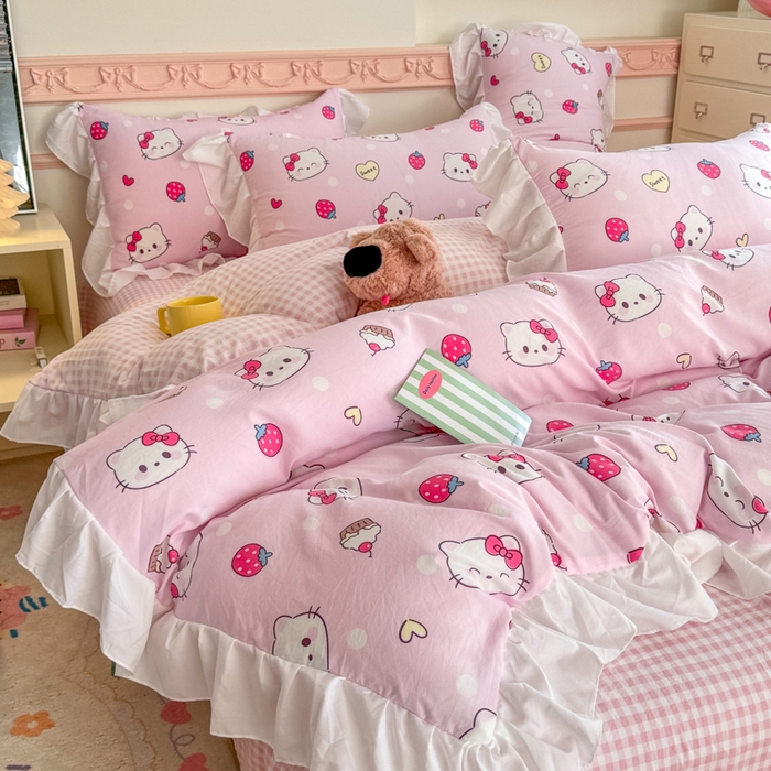 温眠家纺 2025新款水洗云朵棉韩式INS减龄花边款四件套 草莓猫咪