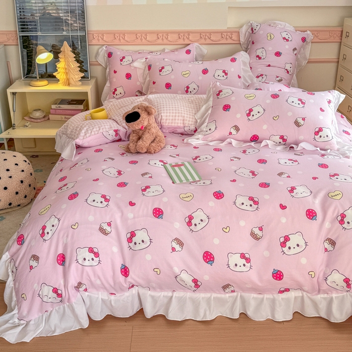 91家纺网 家纺一手货源 找家纺 温眠家纺 2025新款水洗云朵棉韩式INS减龄花边款四件套 草莓猫咪