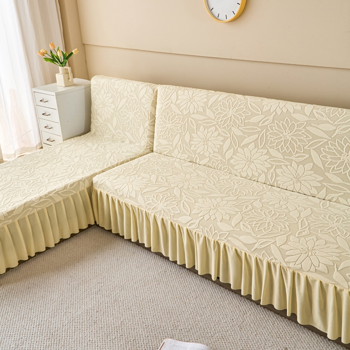 91家纺网 家纺一手货源 找家纺 兴俪韵家纺 2025新款大枫叶裙边沙发床套 太阳花-米黄