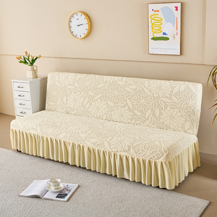 91家纺网 家纺一手货源 找家纺 兴俪韵家纺 2025新款大枫叶裙边沙发床套 太阳花-米黄