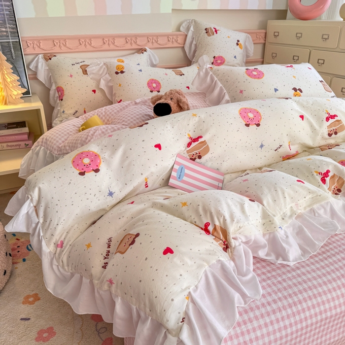 温眠家纺 2025新款水洗云朵棉韩式INS减龄花边款四件套 蛋糕仔仔