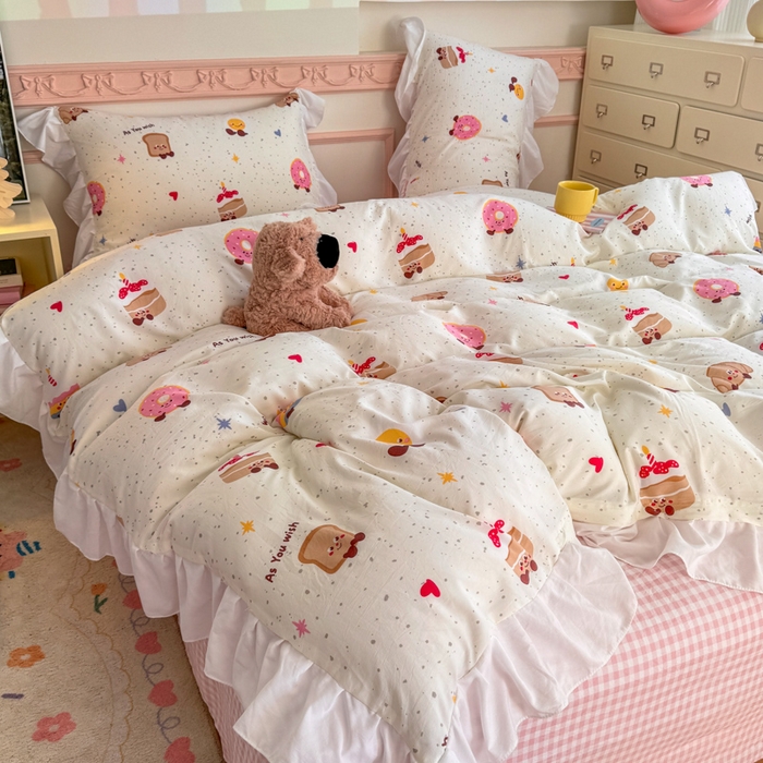 91家纺网 家纺一手货源 找家纺 温眠家纺 2025新款水洗云朵棉韩式INS减龄花边款四件套 蛋糕仔仔