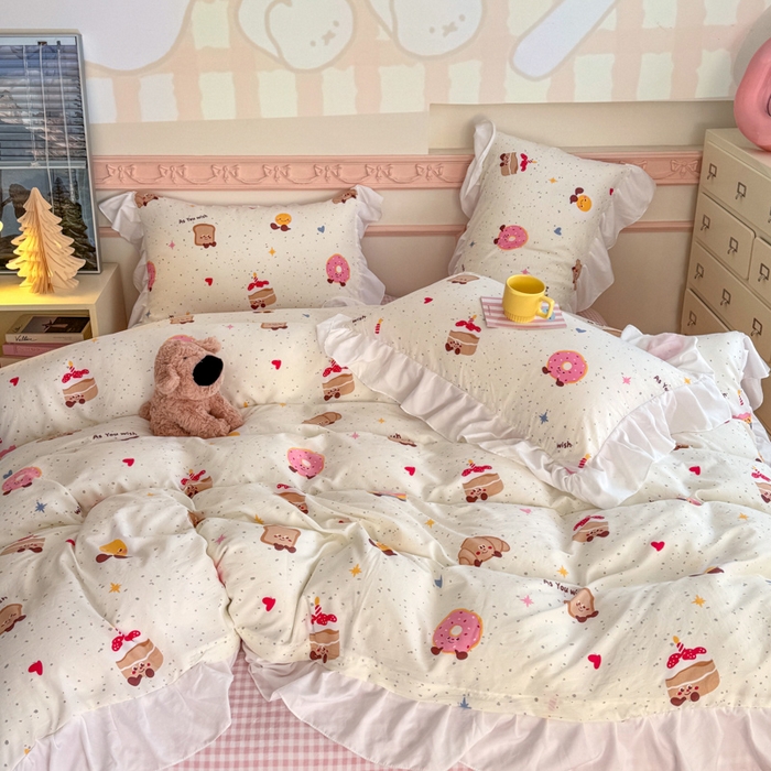 91家纺网 家纺一手货源 找家纺 温眠家纺 2025新款水洗云朵棉韩式INS减龄花边款四件套 蛋糕仔仔