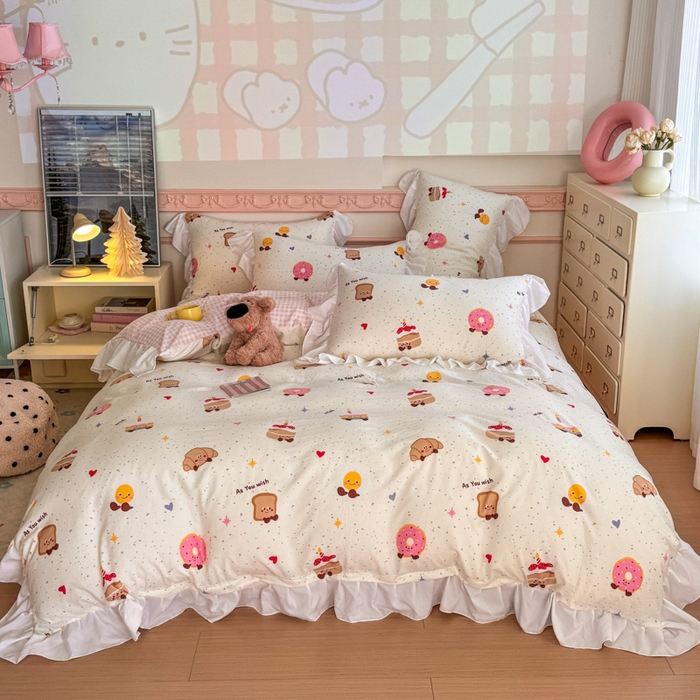 91家纺网 家纺一手货源 找家纺 温眠家纺 2025新款水洗云朵棉韩式INS减龄花边款四件套 蛋糕仔仔