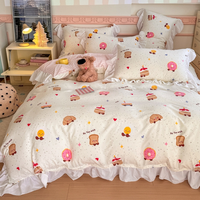 91家纺网 家纺一手货源 找家纺 温眠家纺 2025新款水洗云朵棉韩式INS减龄花边款四件套 蛋糕仔仔