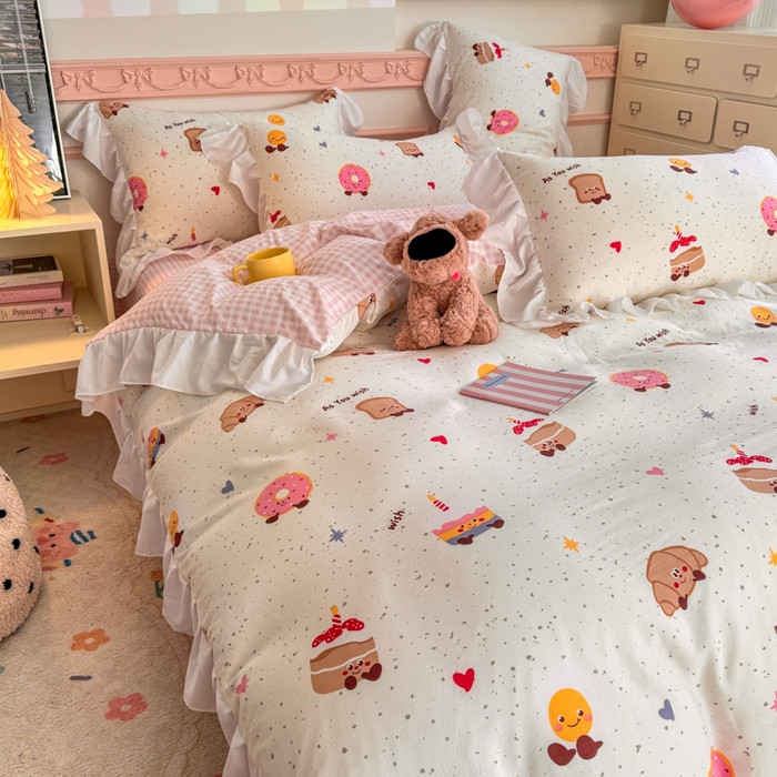 91家纺网 家纺一手货源 找家纺 温眠家纺 2025新款水洗云朵棉韩式INS减龄花边款四件套 蛋糕仔仔