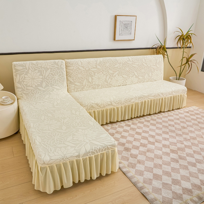 91家纺网 家纺一手货源 找家纺 兴俪韵家纺 2025新款大枫叶裙边沙发床套 太阳花-米黄2