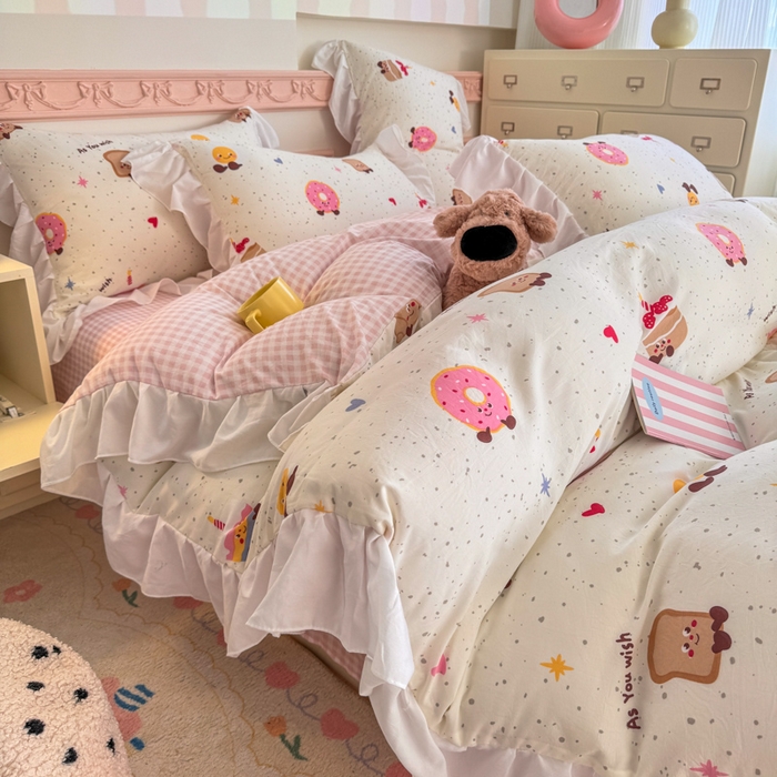 91家纺网 家纺一手货源 找家纺 温眠家纺 2025新款水洗云朵棉韩式INS减龄花边款四件套 蛋糕仔仔