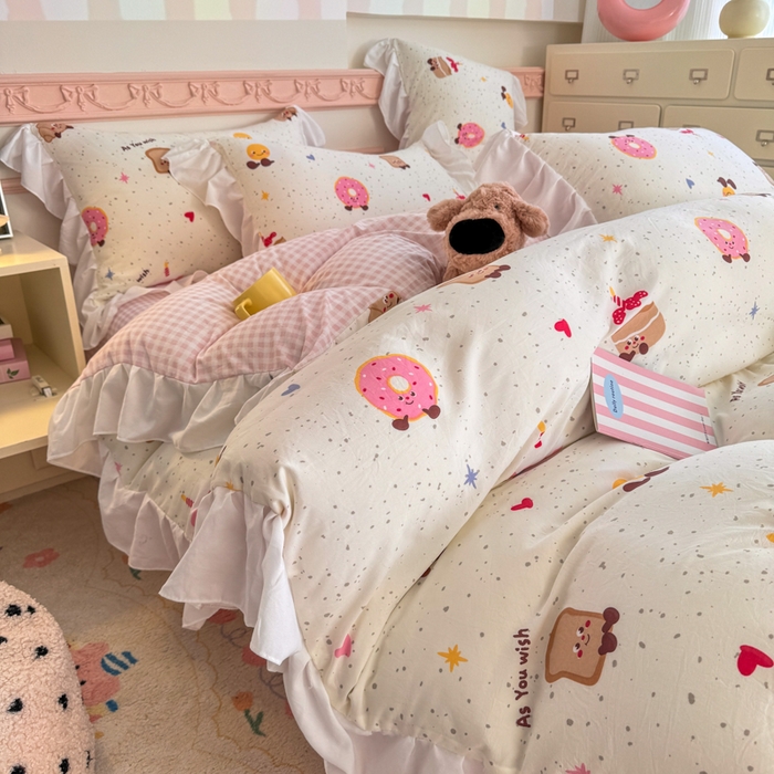 91家纺网 家纺一手货源 找家纺 温眠家纺 2025新款水洗云朵棉韩式INS减龄花边款四件套 蛋糕仔仔