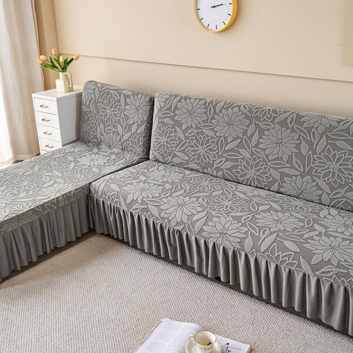 91家纺网 家纺一手货源 找家纺 兴俪韵家纺 2025新款大枫叶裙边沙发床套 太阳花-浅灰