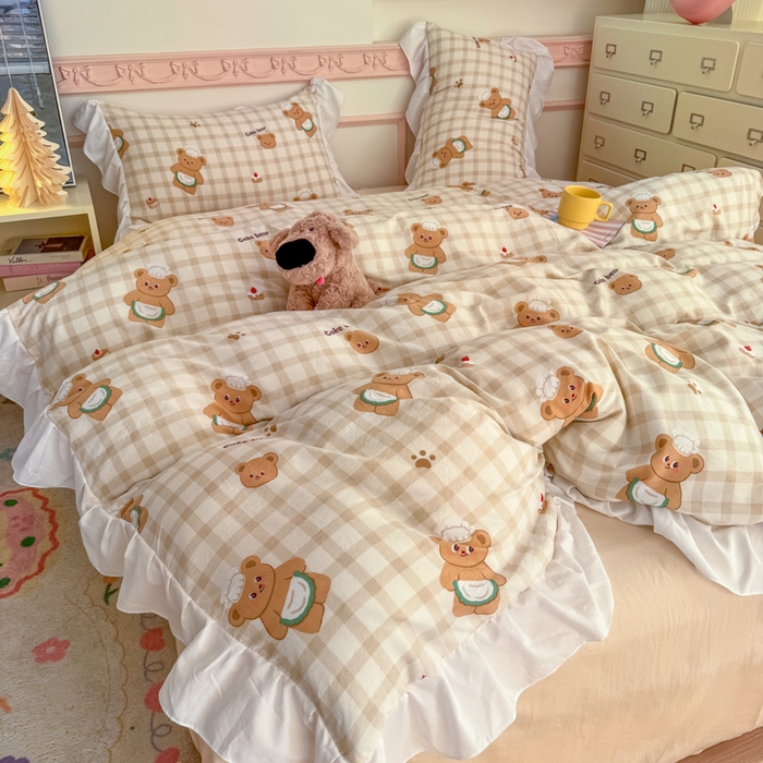 91家纺网 家纺一手货源 找家纺 温眠家纺 2025新款水洗云朵棉韩式INS减龄花边款四件套 乖乖熊