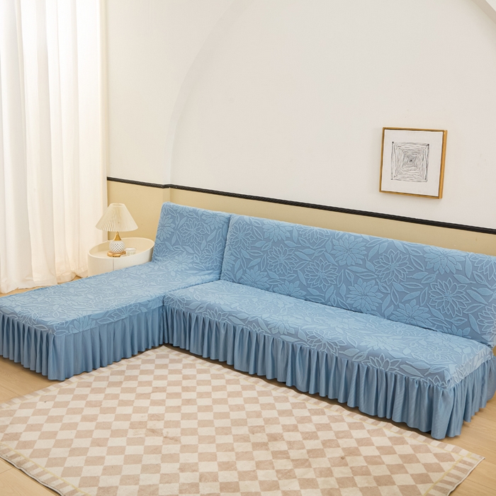 91家纺网 家纺一手货源 找家纺 兴俪韵家纺 2025新款大枫叶裙边沙发床套 太阳花-天空蓝