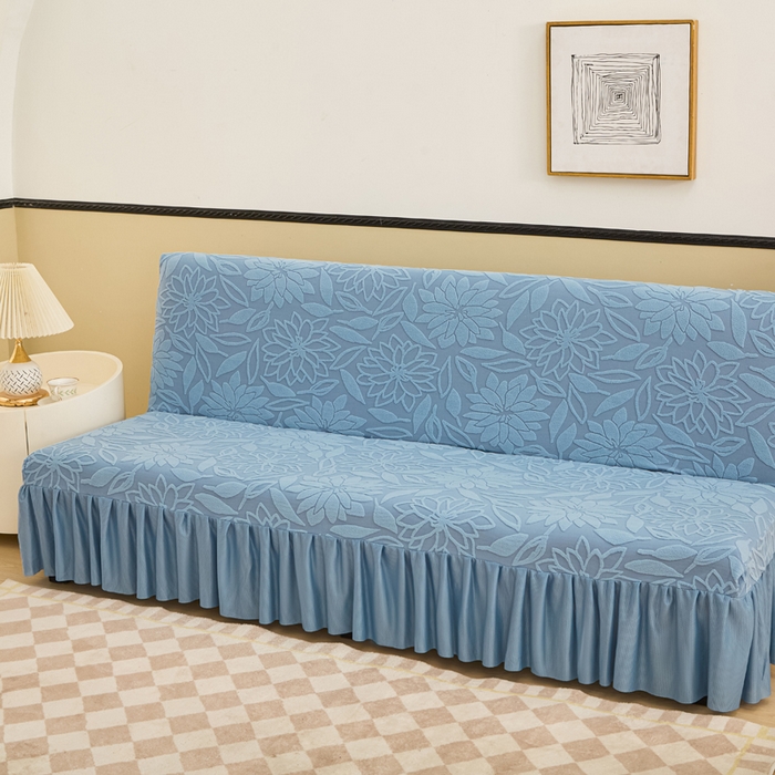 91家纺网 家纺一手货源 找家纺 兴俪韵家纺 2025新款大枫叶裙边沙发床套 太阳花-天空蓝