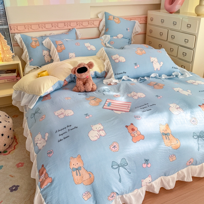 91家纺网 家纺一手货源 找家纺 温眠家纺 2025新款水洗云朵棉韩式INS减龄花边款四件套 海派甜心