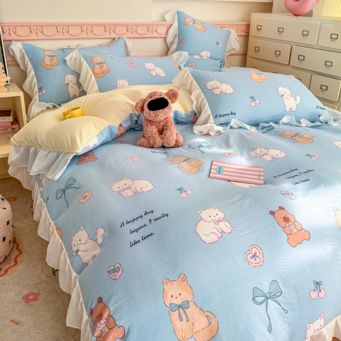 91家纺网 家纺一手货源 找家纺 温眠家纺 2025新款水洗云朵棉韩式INS减龄花边款四件套 海派甜心