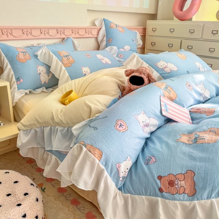 91家纺网 家纺一手货源 找家纺 温眠家纺 2025新款水洗云朵棉韩式INS减龄花边款四件套 海派甜心