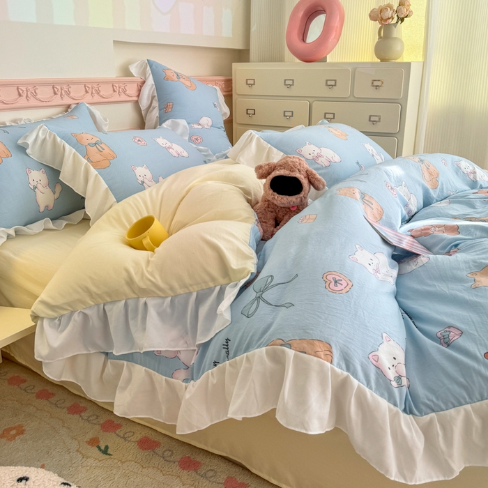 91家纺网 家纺一手货源 找家纺 温眠家纺 2025新款水洗云朵棉韩式INS减龄花边款四件套 海派甜心