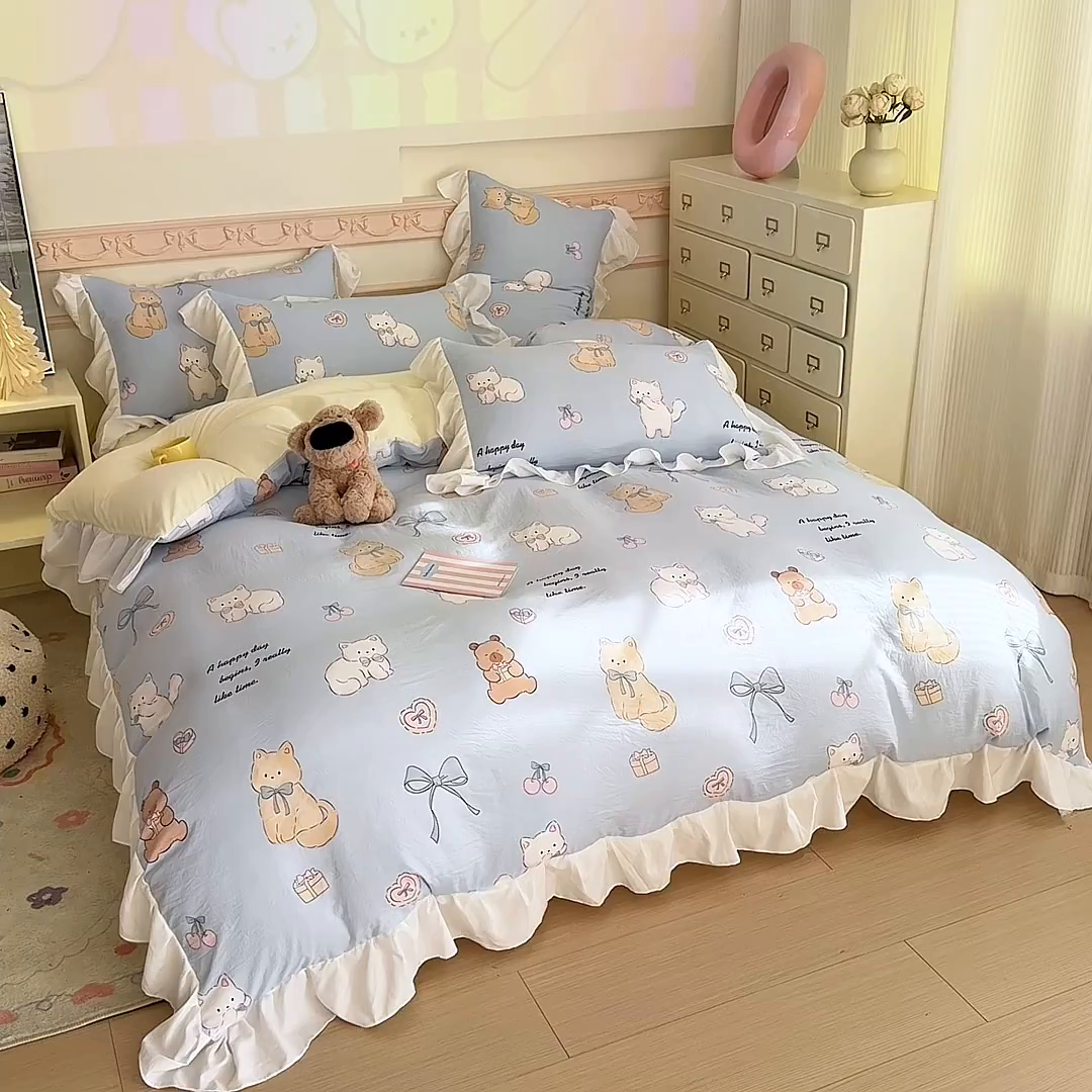 91家纺网 家纺一手货源 找家纺 温眠家纺 2025新款水洗云朵棉韩式INS减龄花边款四件套 海派甜心