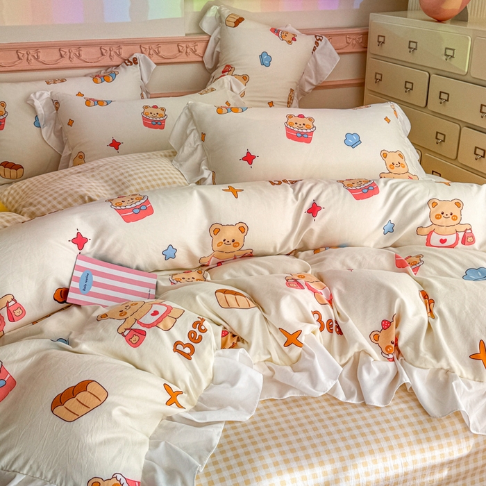 91家纺网 家纺一手货源 找家纺 温眠家纺 2025新款水洗云朵棉韩式INS减龄花边款四件套 烘培小熊