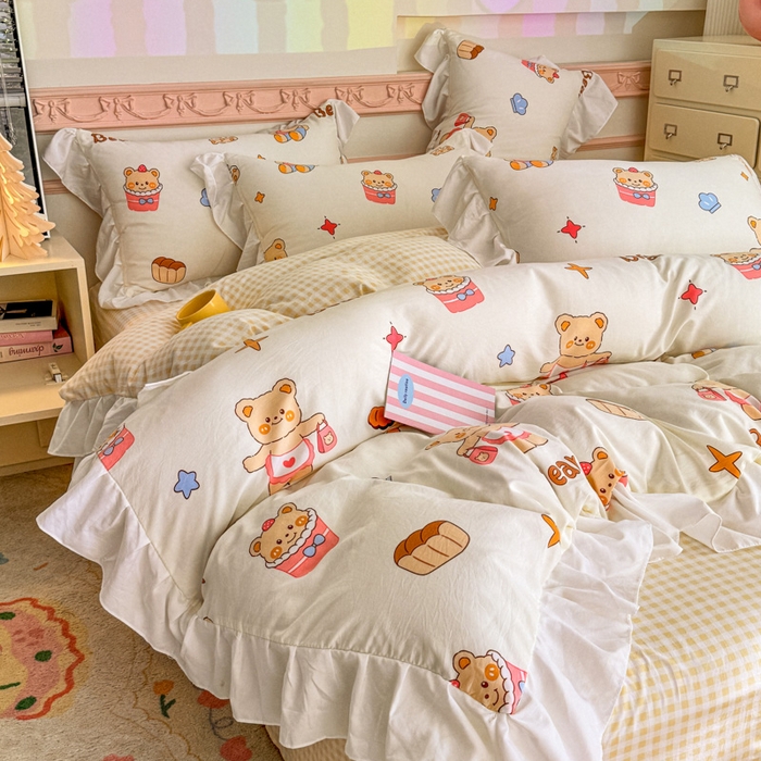 温眠家纺 2025新款水洗云朵棉韩式INS减龄花边款四件套 烘培小熊