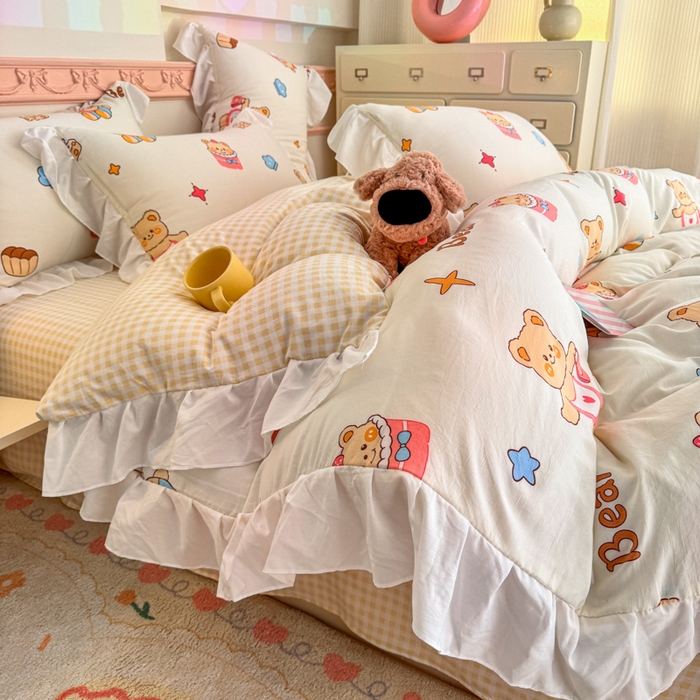 91家纺网 家纺一手货源 找家纺 温眠家纺 2025新款水洗云朵棉韩式INS减龄花边款四件套 烘培小熊