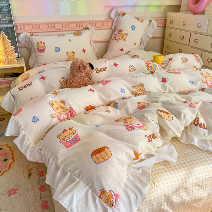 91家纺网 家纺一手货源 找家纺 温眠家纺 2025新款水洗云朵棉韩式INS减龄花边款四件套 烘培小熊