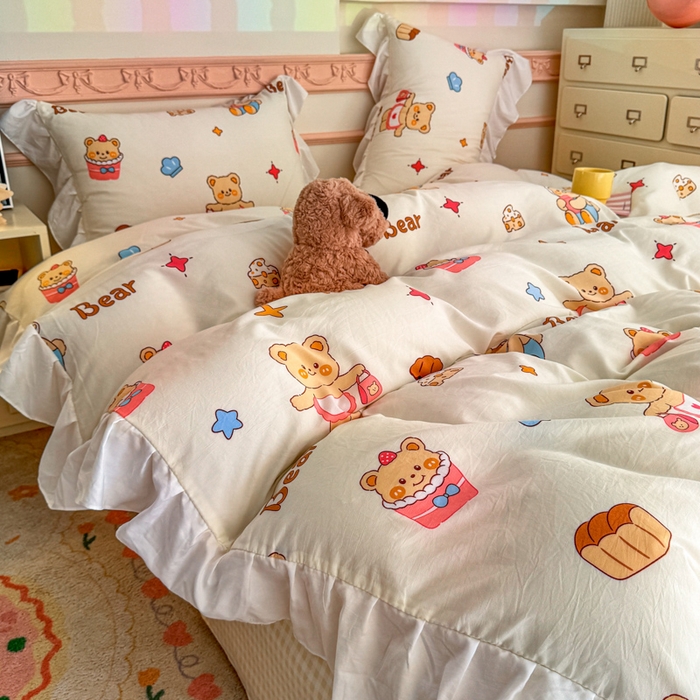 91家纺网 家纺一手货源 找家纺 温眠家纺 2025新款水洗云朵棉韩式INS减龄花边款四件套 烘培小熊