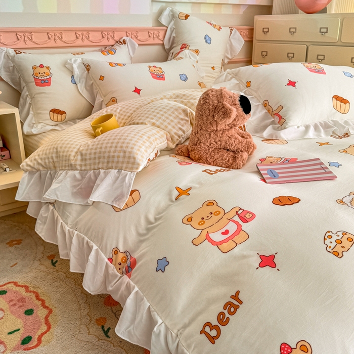 91家纺网 家纺一手货源 找家纺 温眠家纺 2025新款水洗云朵棉韩式INS减龄花边款四件套 烘培小熊