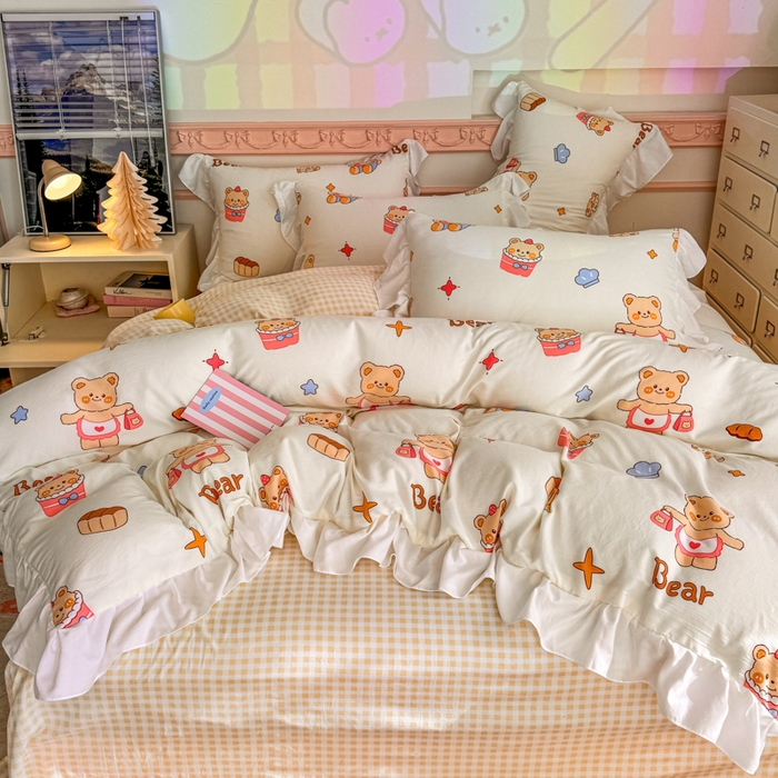 91家纺网 家纺一手货源 找家纺 温眠家纺 2025新款水洗云朵棉韩式INS减龄花边款四件套 烘培小熊